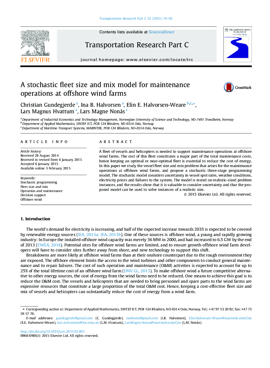 A stochastic fleet size and mix model for maintenance operations at offshore wind farms