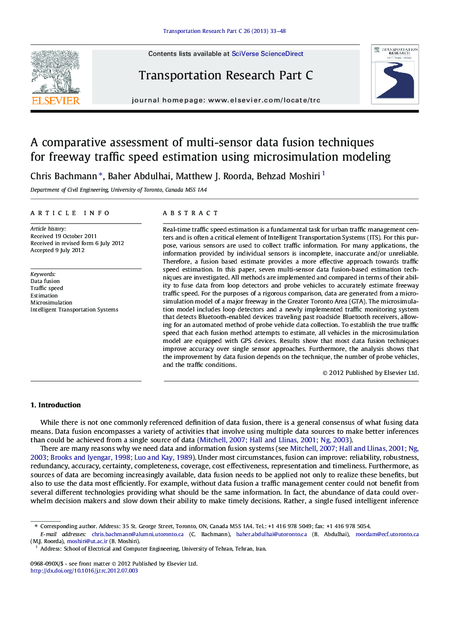 A comparative assessment of multi-sensor data fusion techniques for freeway traffic speed estimation using microsimulation modeling