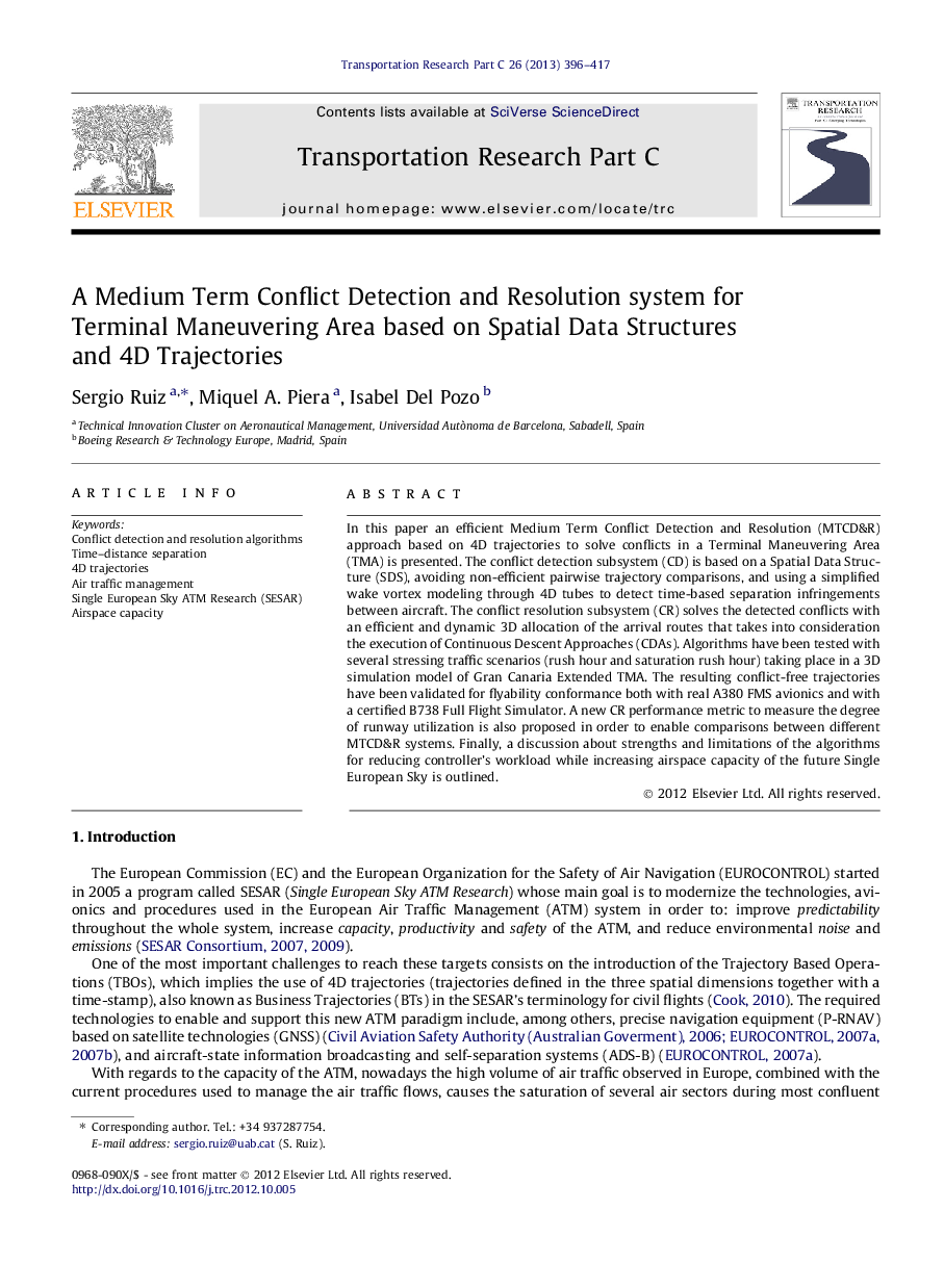 A Medium Term Conflict Detection and Resolution system for Terminal Maneuvering Area based on Spatial Data Structures and 4D Trajectories