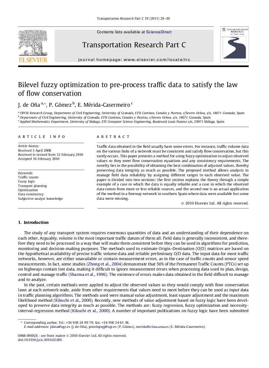 Bilevel fuzzy optimization to pre-process traffic data to satisfy the law of flow conservation