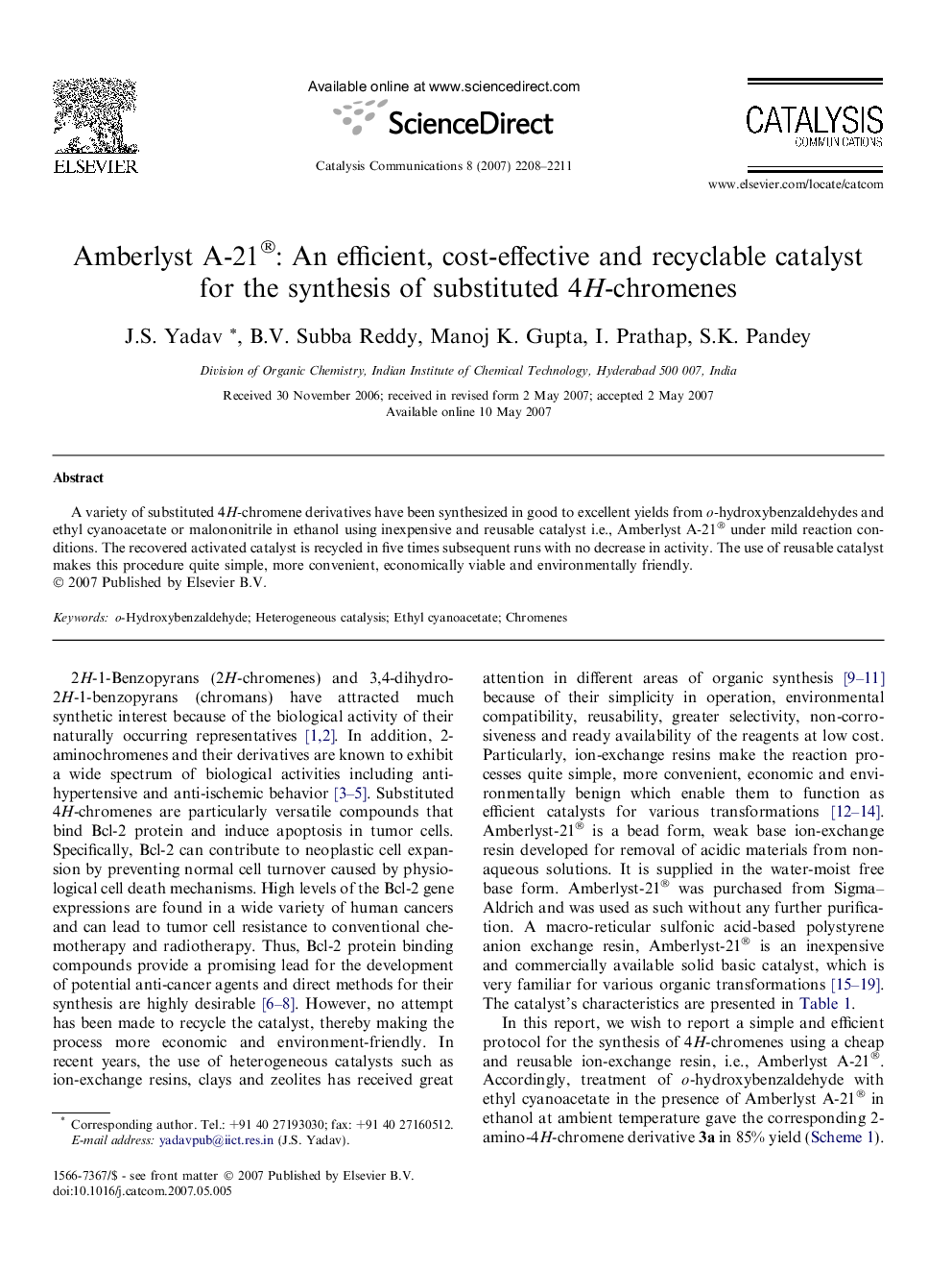 Amberlyst A-21®: An efficient, cost-effective and recyclable catalyst for the synthesis of substituted 4H-chromenes