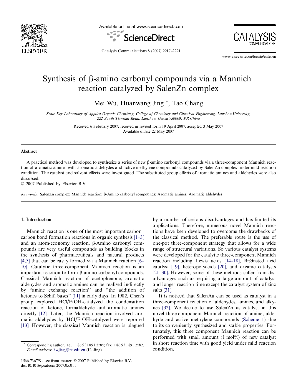 Synthesis of β-amino carbonyl compounds via a Mannich reaction catalyzed by SalenZn complex