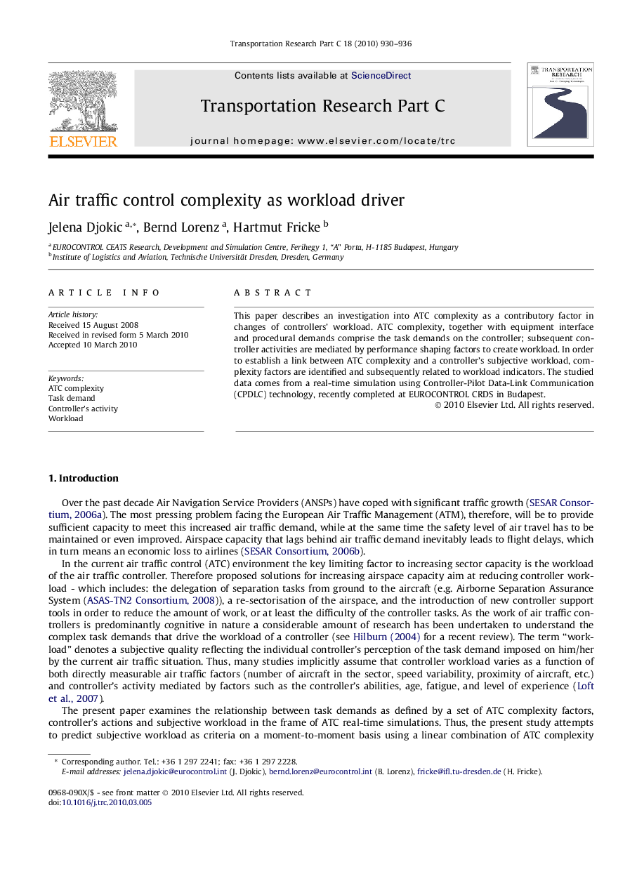 Air traffic control complexity as workload driver