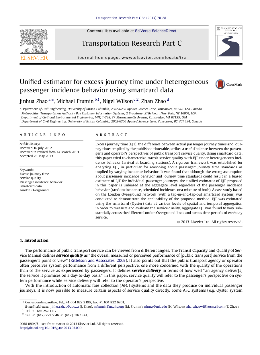 Unified estimator for excess journey time under heterogeneous passenger incidence behavior using smartcard data