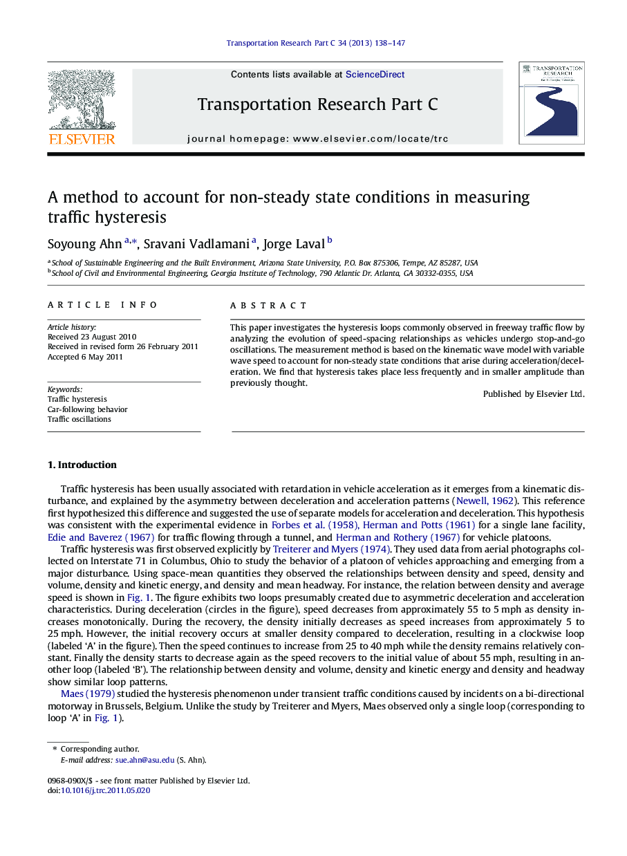 A method to account for non-steady state conditions in measuring traffic hysteresis