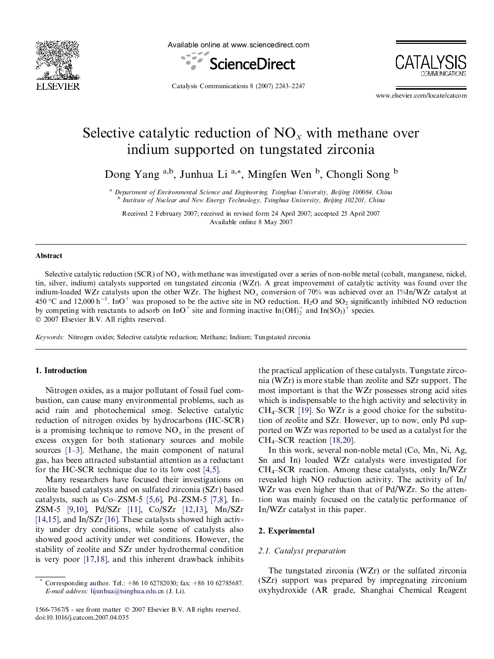 Selective catalytic reduction of NOx with methane over indium supported on tungstated zirconia