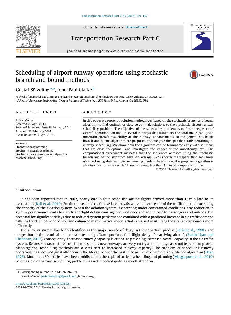 Scheduling of airport runway operations using stochastic branch and bound methods