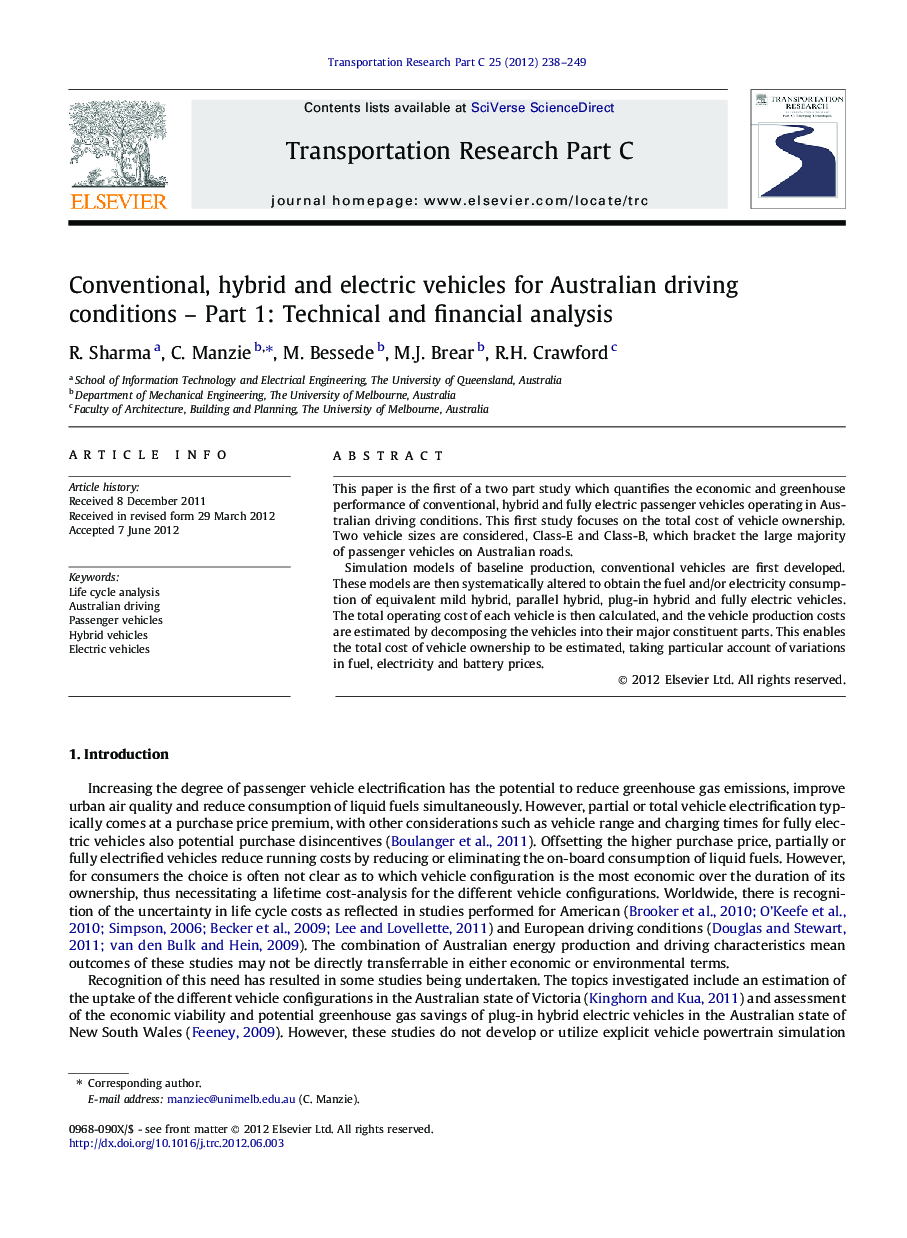 Conventional, hybrid and electric vehicles for Australian driving conditions – Part 1: Technical and financial analysis