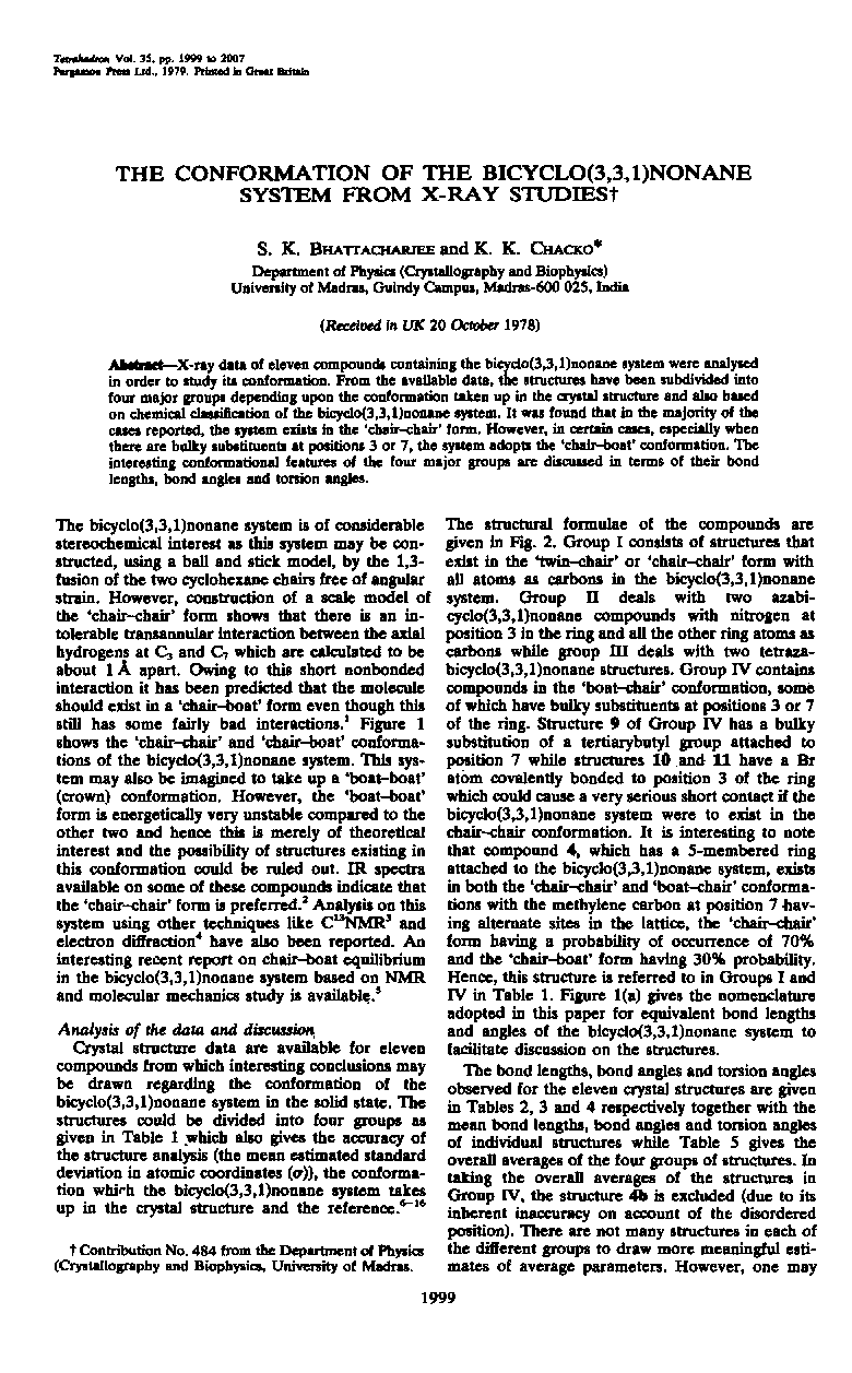 The conformation of the bicyclo(3,3,1)nonane system from x-ray studies