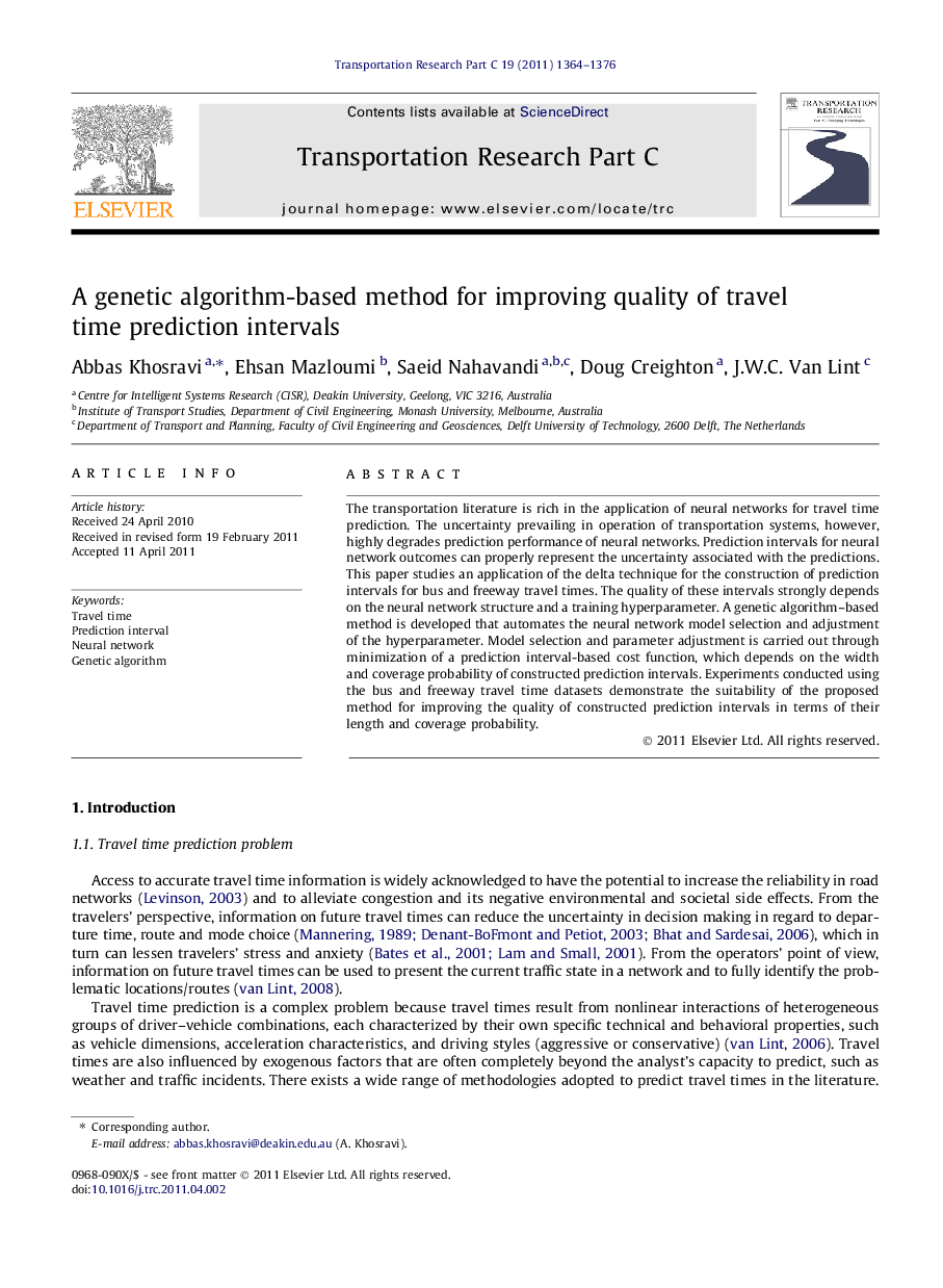 A genetic algorithm-based method for improving quality of travel time prediction intervals