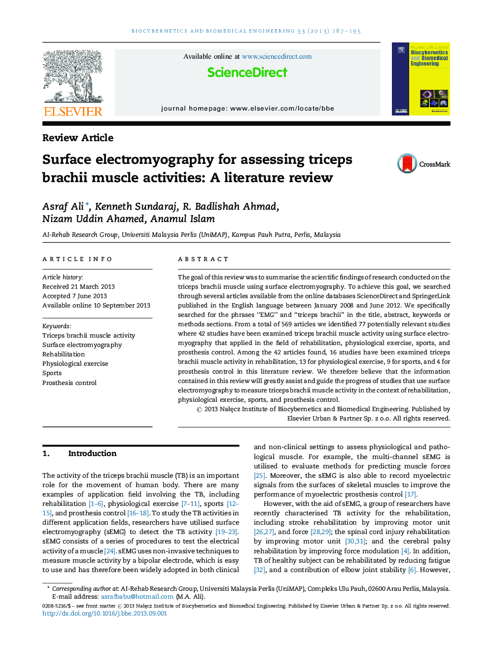 Surface electromyography for assessing triceps brachii muscle activities: A literature review