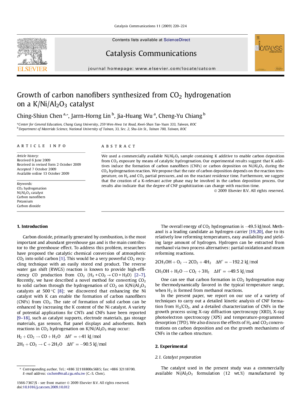 Growth of carbon nanofibers synthesized from CO2 hydrogenation on a K/Ni/Al2O3 catalyst