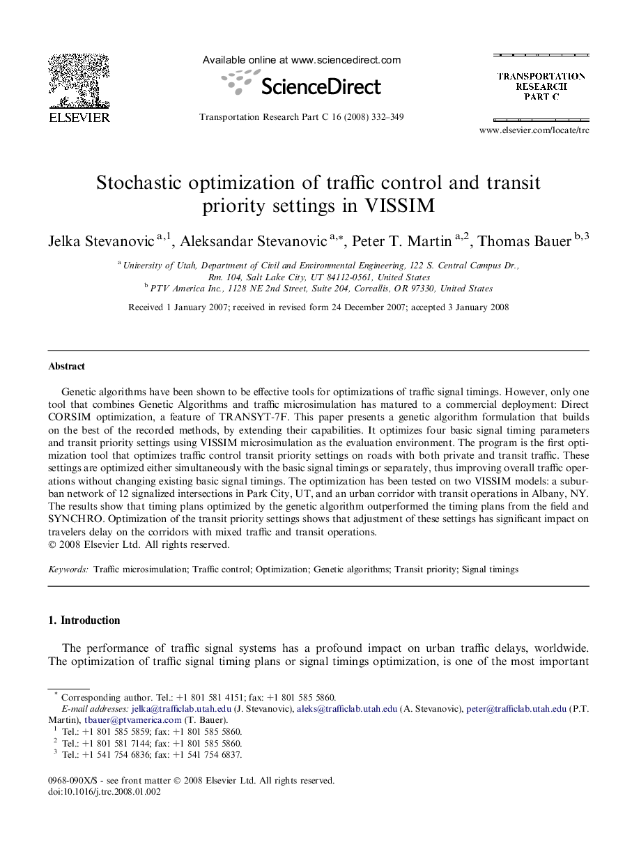 Stochastic optimization of traffic control and transit priority settings in VISSIM