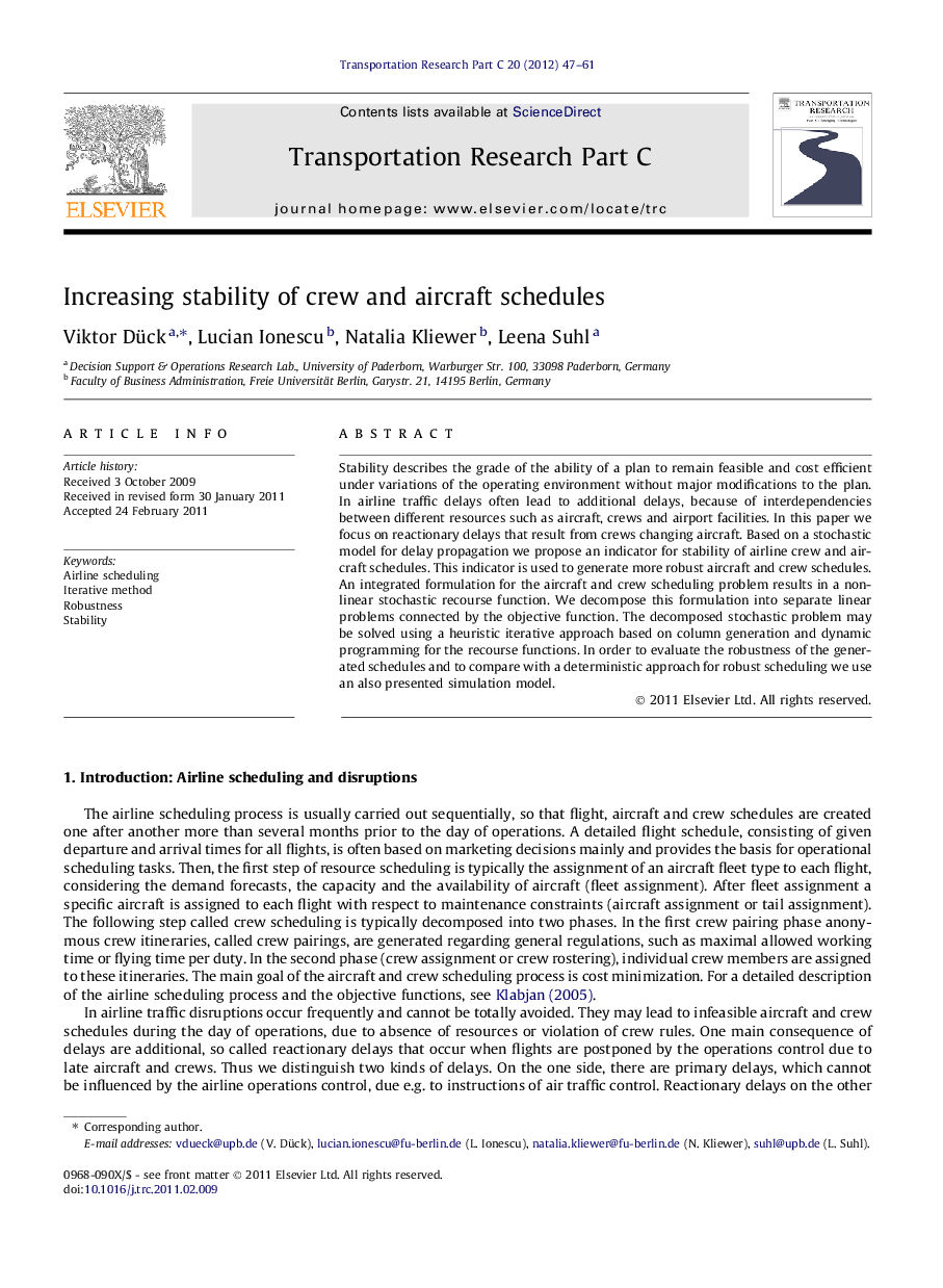 Increasing stability of crew and aircraft schedules