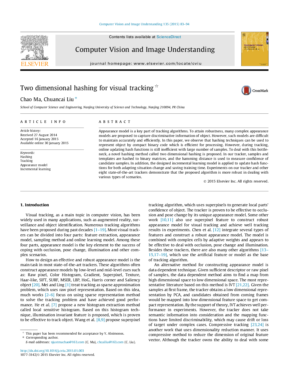 Two dimensional hashing for visual tracking 