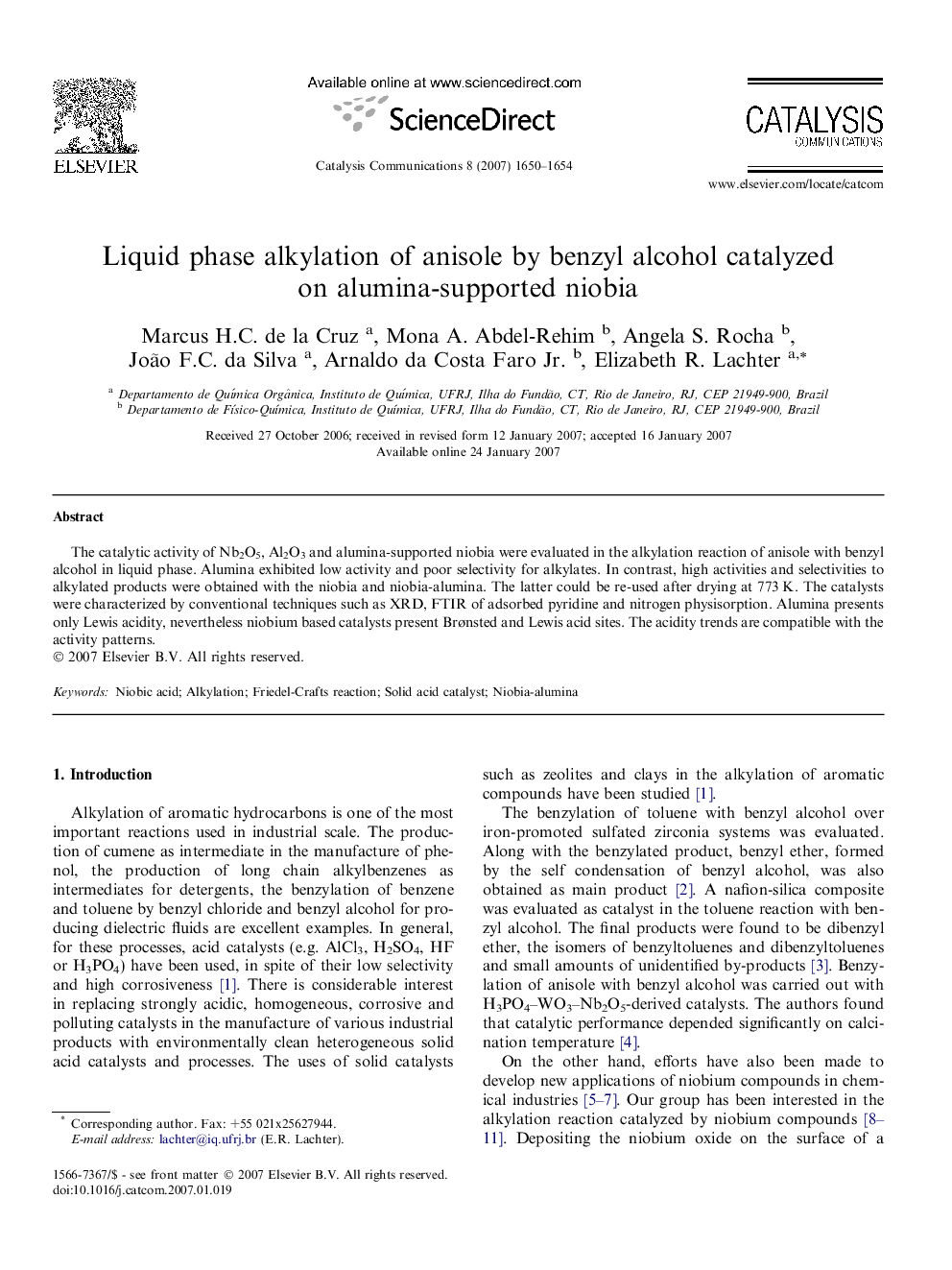 Liquid phase alkylation of anisole by benzyl alcohol catalyzed on alumina-supported niobia