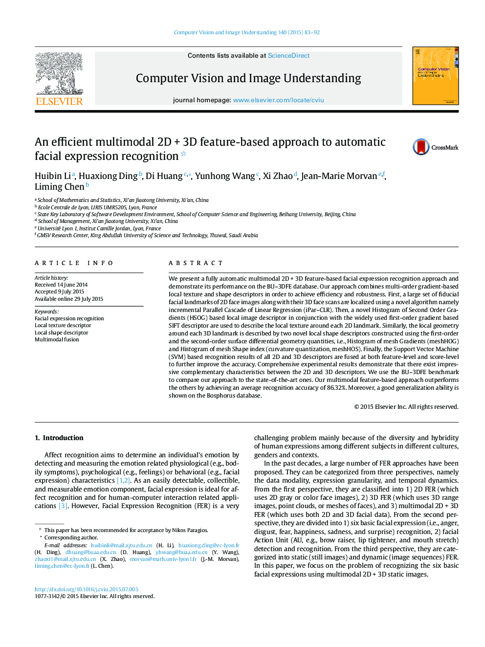 An efficient multimodal 2D + 3D feature-based approach to automatic facial expression recognition 