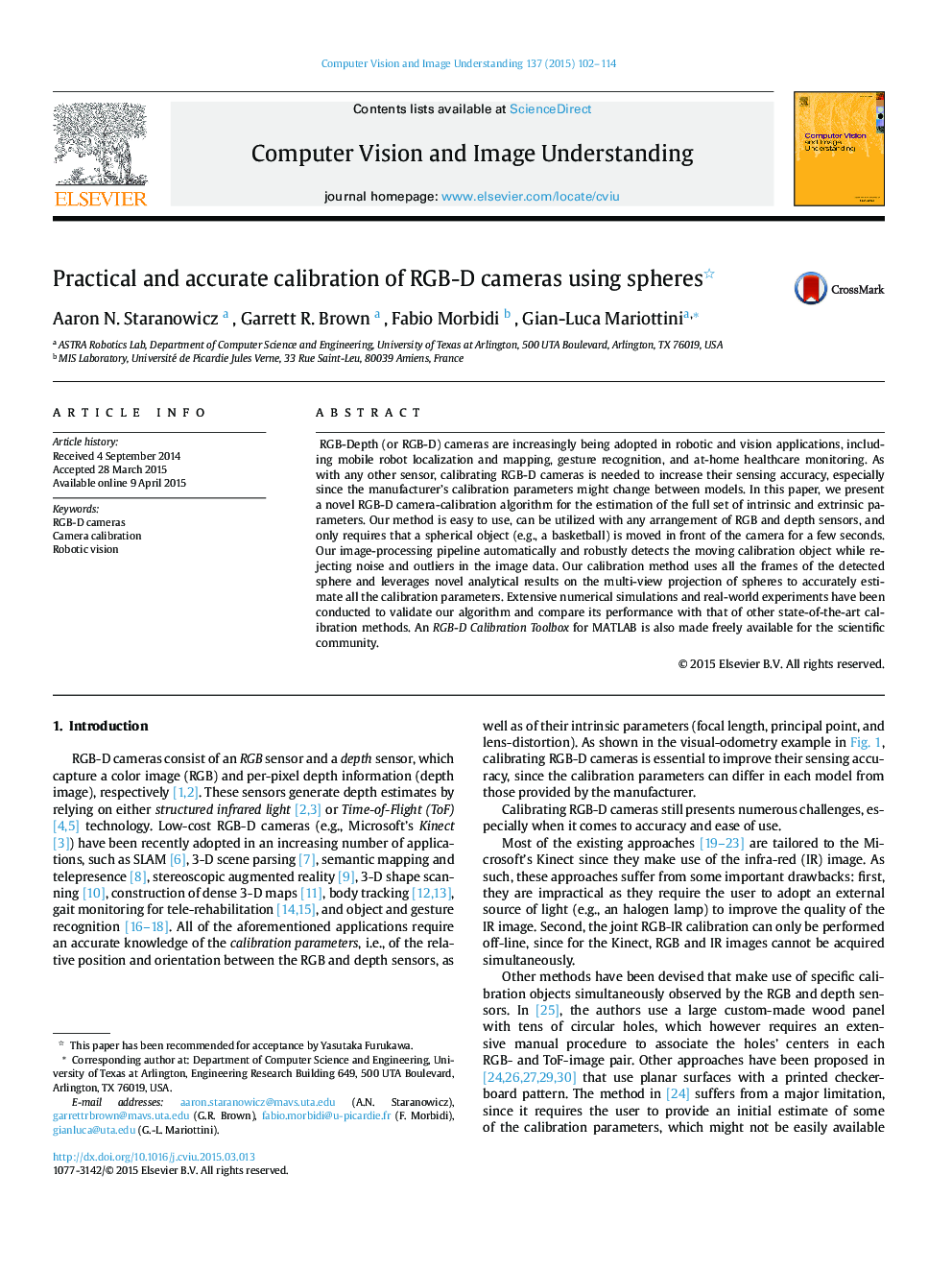 Practical and accurate calibration of RGB-D cameras using spheres 