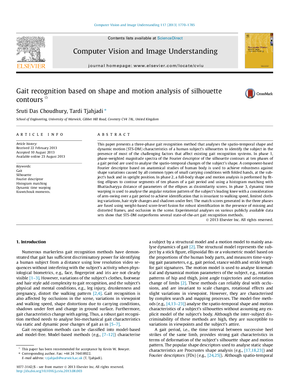 Gait recognition based on shape and motion analysis of silhouette contours 