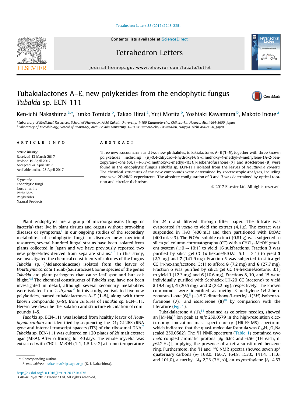 Tubakialactones A-E, new polyketides from the endophytic fungus Tubakia sp. ECN-111