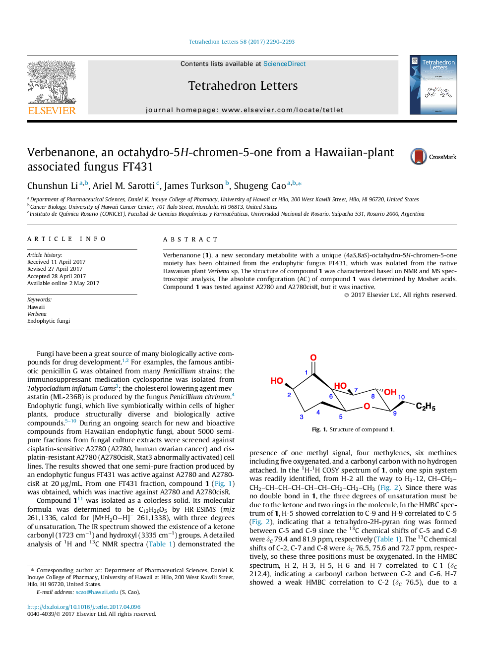 Verbenanone, an octahydro-5H-chromen-5-one from a Hawaiian-plant associated fungus FT431