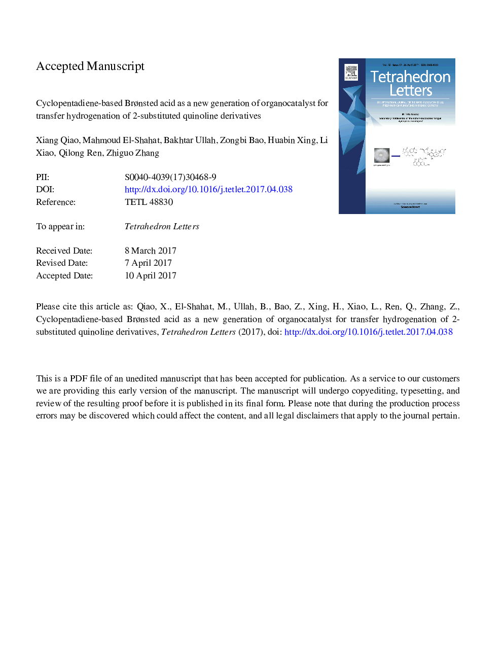 Cyclopentadiene-based BrÃ¸nsted acid as a new generation of organocatalyst for transfer hydrogenation of 2-substituted quinoline derivatives