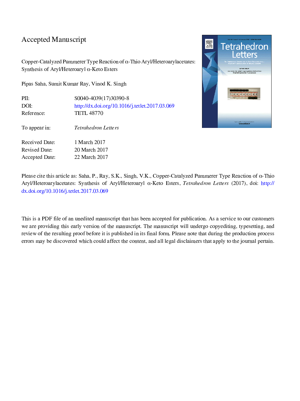 Copper-catalyzed Pummerer type reaction of Î±-thio aryl/heteroarylacetates: Synthesis of aryl/heteroaryl Î±-keto esters