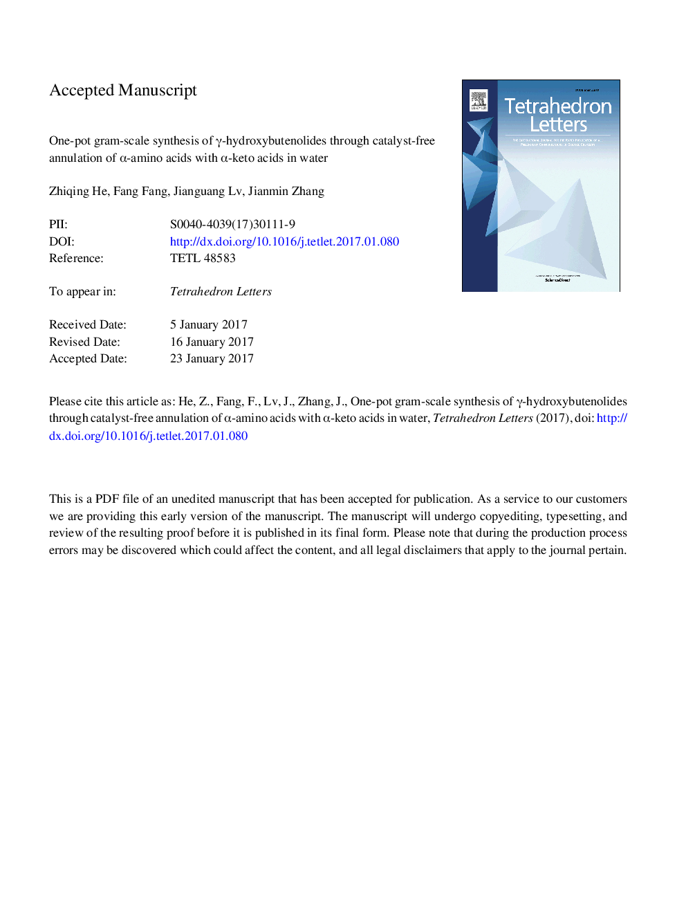 One-pot gram-scale synthesis of Î³-hydroxybutenolides through catalyst-free annulation of Î±-amino acids with Î±-keto acids in water