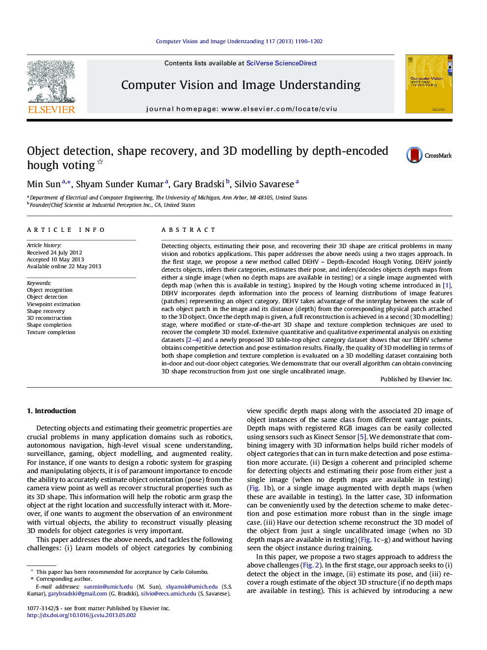 Object detection, shape recovery, and 3D modelling by depth-encoded hough voting 