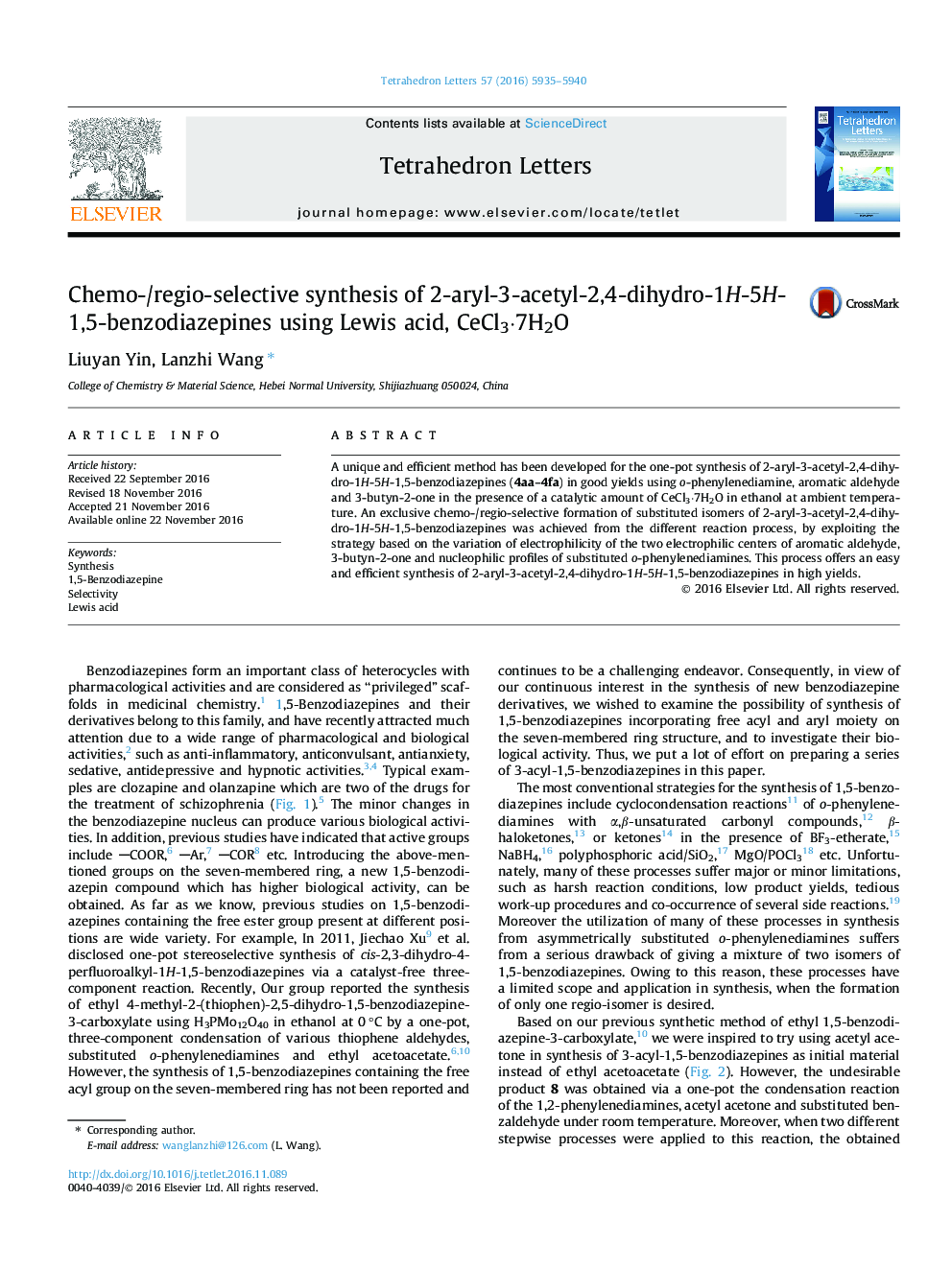 Chemo-/regio-selective synthesis of 2-aryl-3-acetyl-2,4-dihydro-1H-5H-1,5-benzodiazepines using Lewis acid, CeCl3Â·7H2O