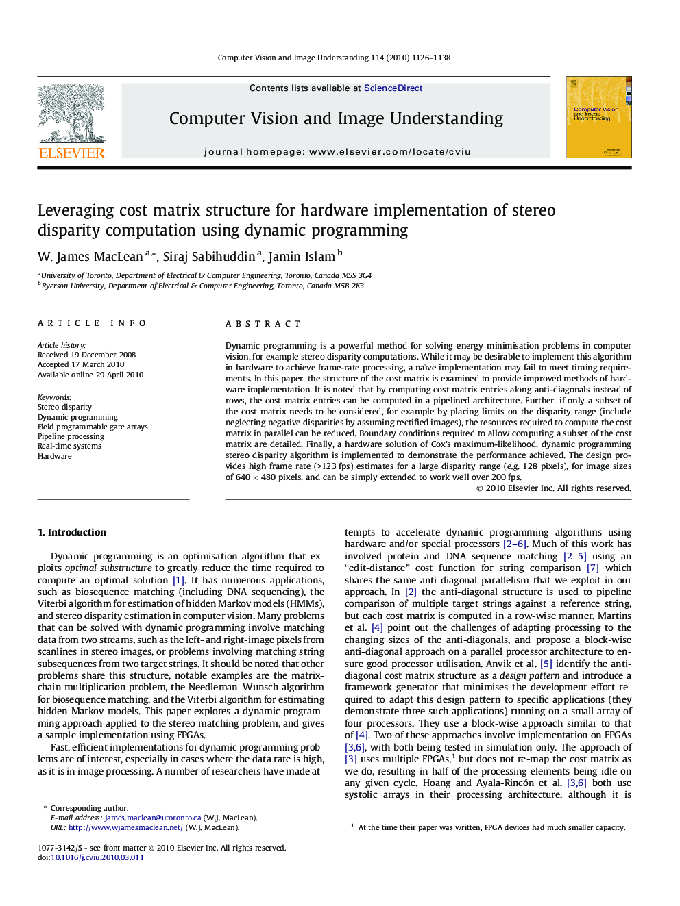 Leveraging cost matrix structure for hardware implementation of stereo disparity computation using dynamic programming