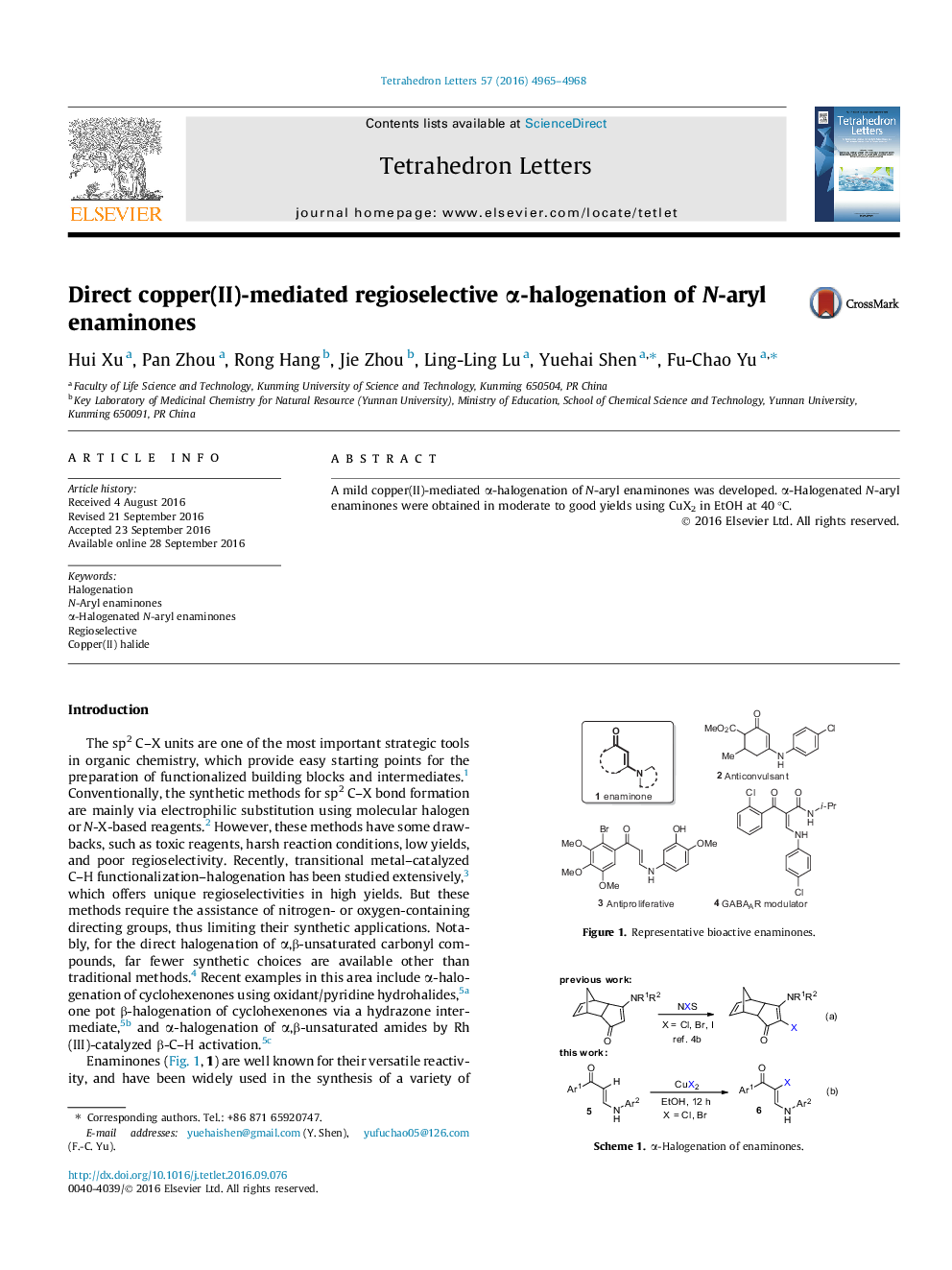 Direct copper(II)-mediated regioselective Î±-halogenation of N-aryl enaminones