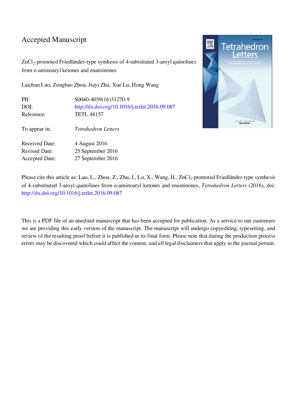 ZnCl2-promoted Friedländer-type synthesis of 4-substituted 3-aroyl quinolines from o-aminoaryl ketones and enaminones