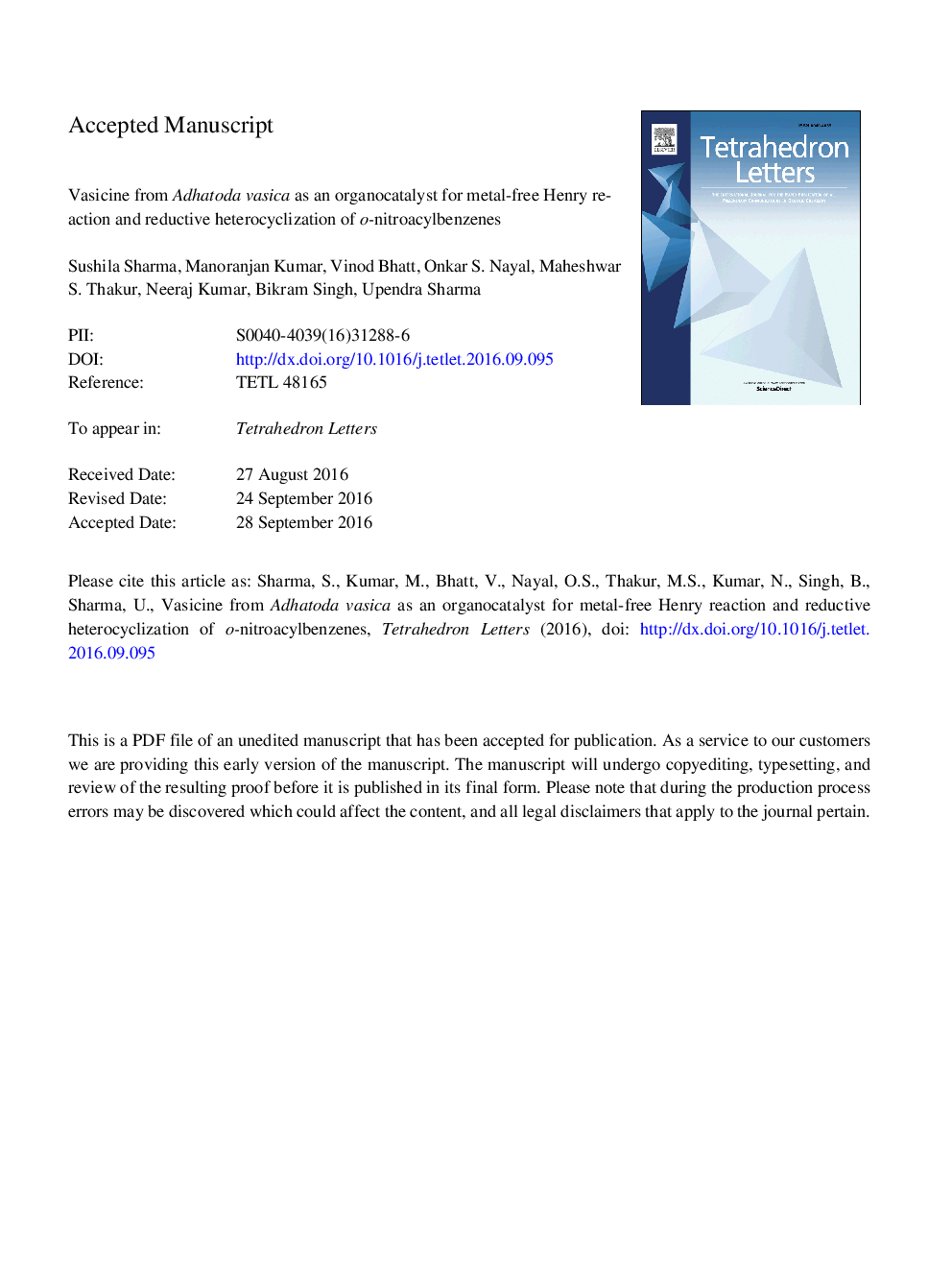 Vasicine from Adhatoda vasica as an organocatalyst for metal-free Henry reaction and reductive heterocyclization of o-nitroacylbenzenes