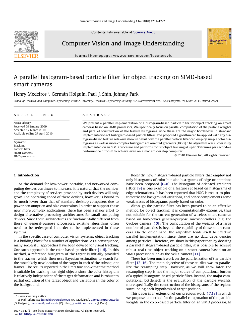 A parallel histogram-based particle filter for object tracking on SIMD-based smart cameras