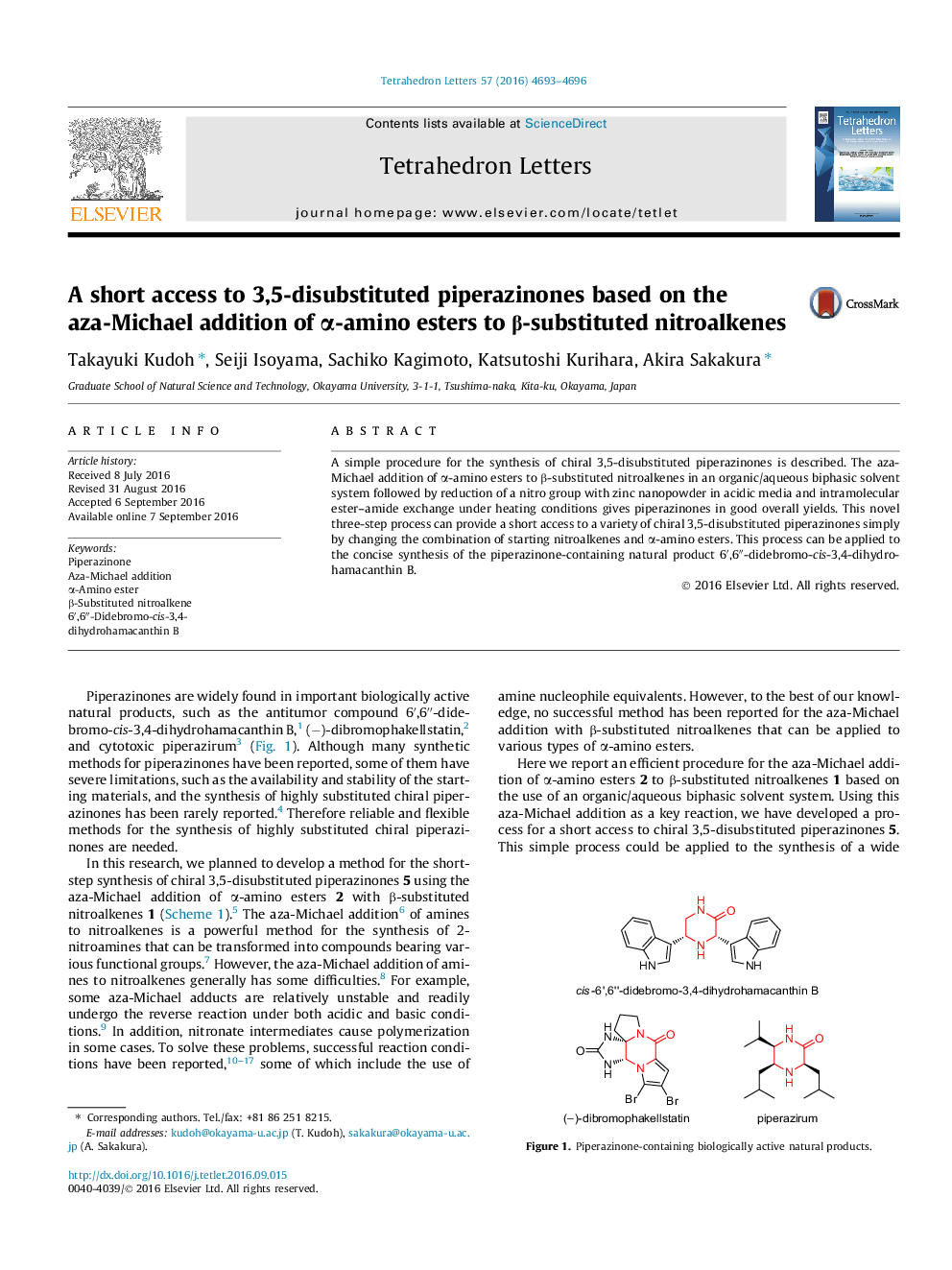 A short access to 3,5-disubstituted piperazinones based on the aza-Michael addition of Î±-amino esters to Î²-substituted nitroalkenes