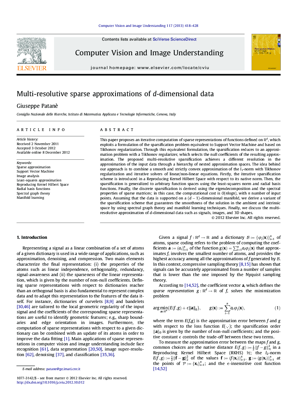 عکس صفحه اول مقاله: Multi-resolutive sparse approximations of d-dimensional data Multi-resolutive sparse approximations of d-dimensional data