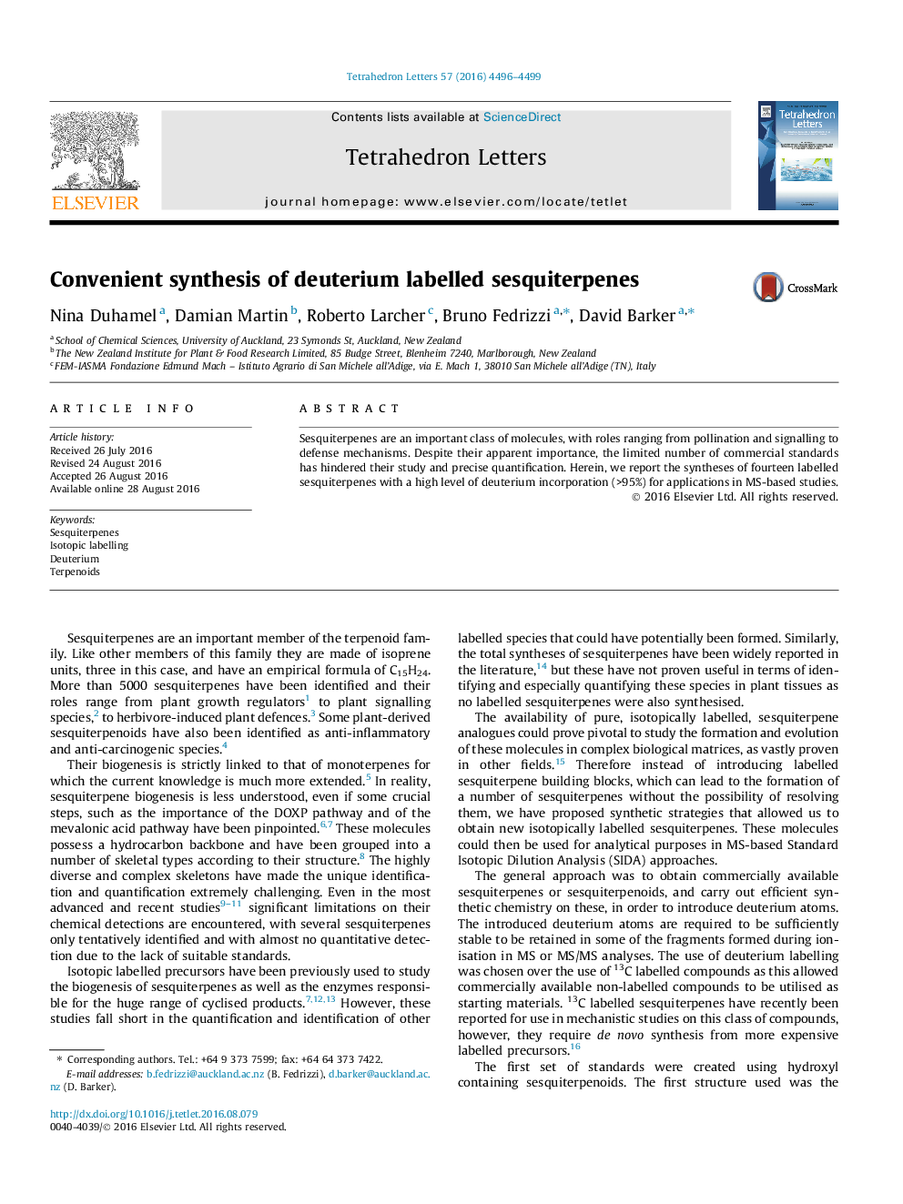 Convenient synthesis of deuterium labelled sesquiterpenes