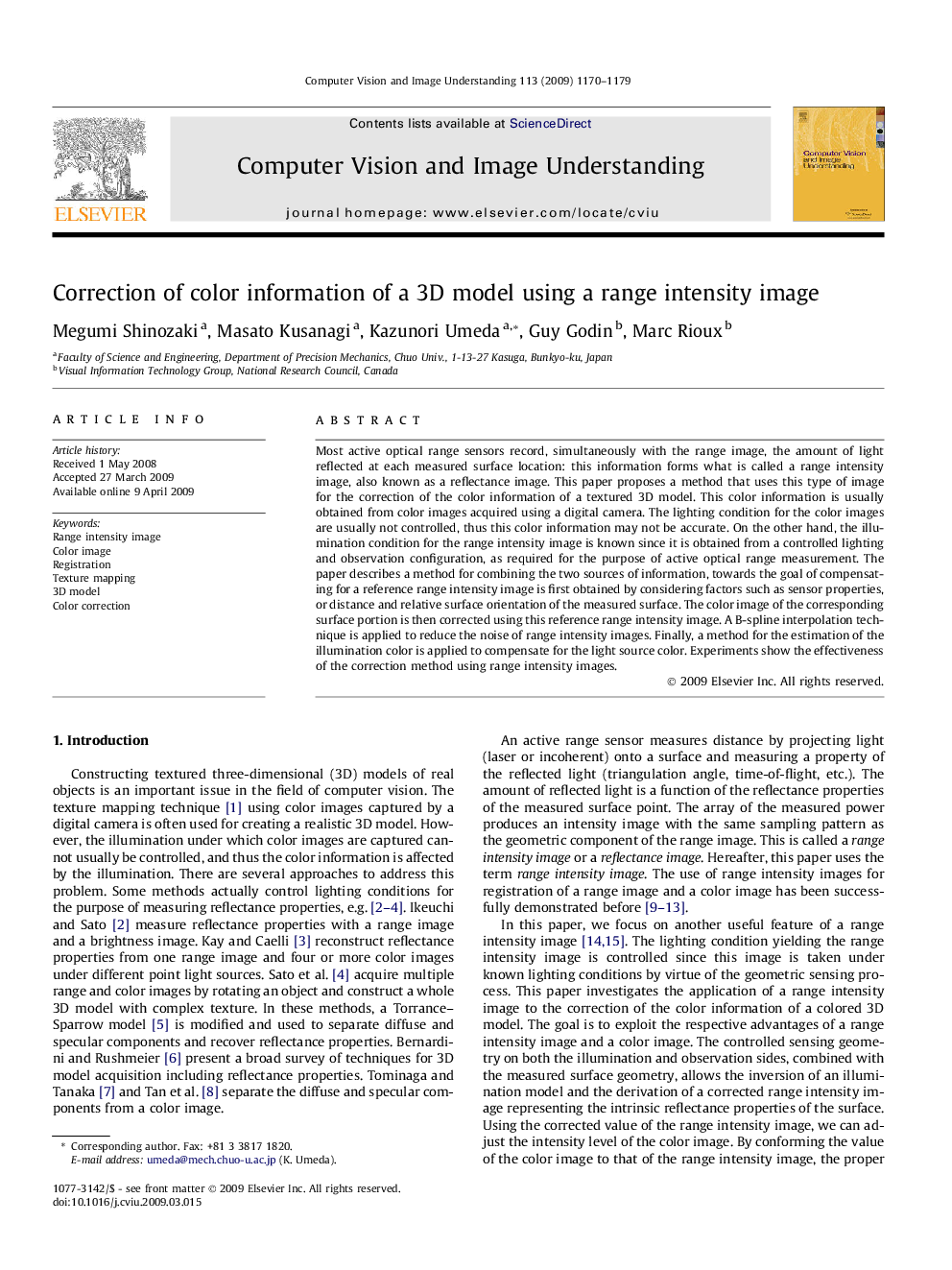 Correction of color information of a 3D model using a range intensity image