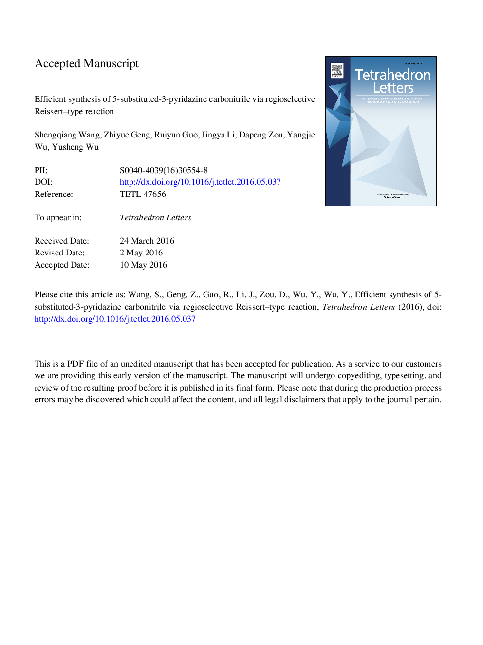 Efficient synthesis of 5-substituted-3-pyridazine carbonitrile via regioselective Reissert-type reaction