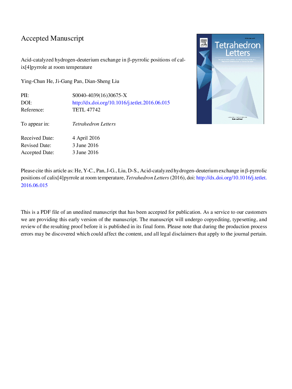 Acid-catalyzed hydrogen-deuterium exchange in Î²-pyrrolic positions of calix[4]pyrrole at room temperature