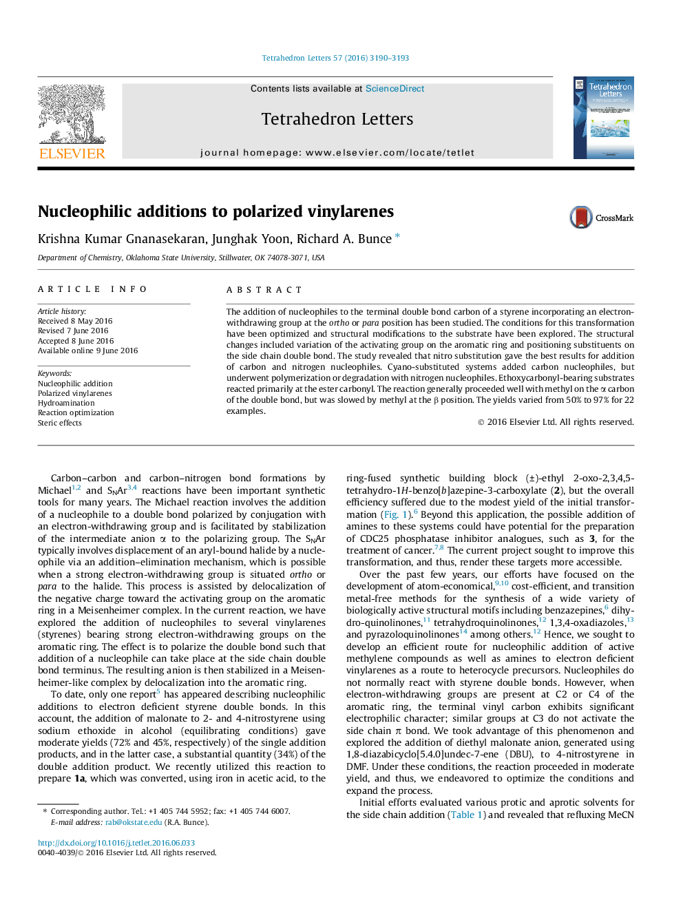 Nucleophilic additions to polarized vinylarenes