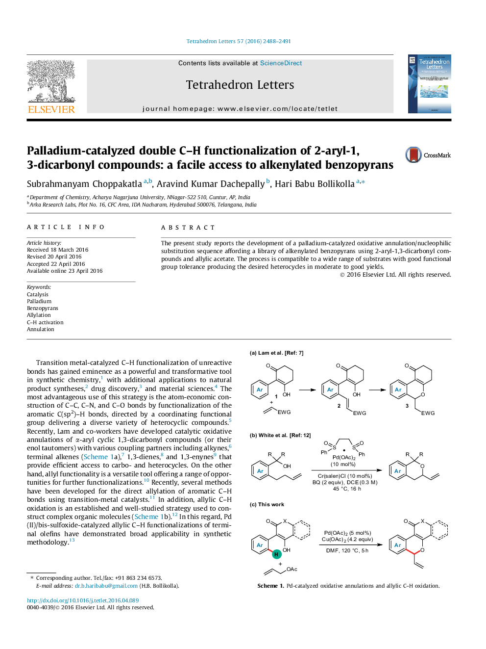 Palladium-catalyzed double C-H functionalization of 2-aryl-1,3-dicarbonyl compounds: a facile access to alkenylated benzopyrans