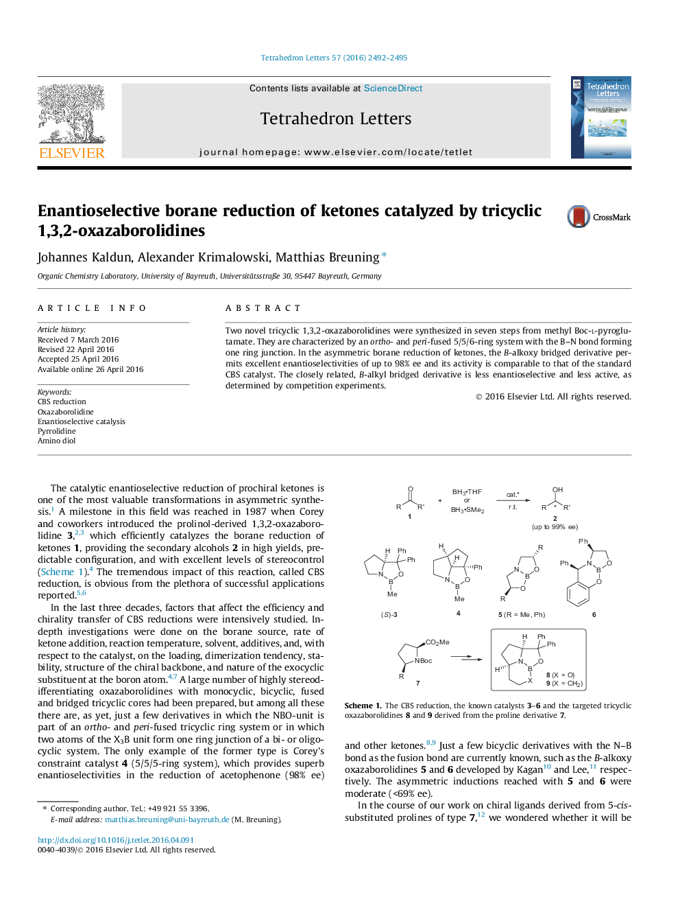 Enantioselective borane reduction of ketones catalyzed by tricyclic 1,3,2-oxazaborolidines