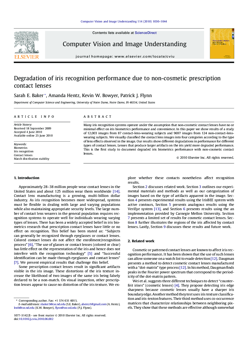 Degradation of iris recognition performance due to non-cosmetic prescription contact lenses