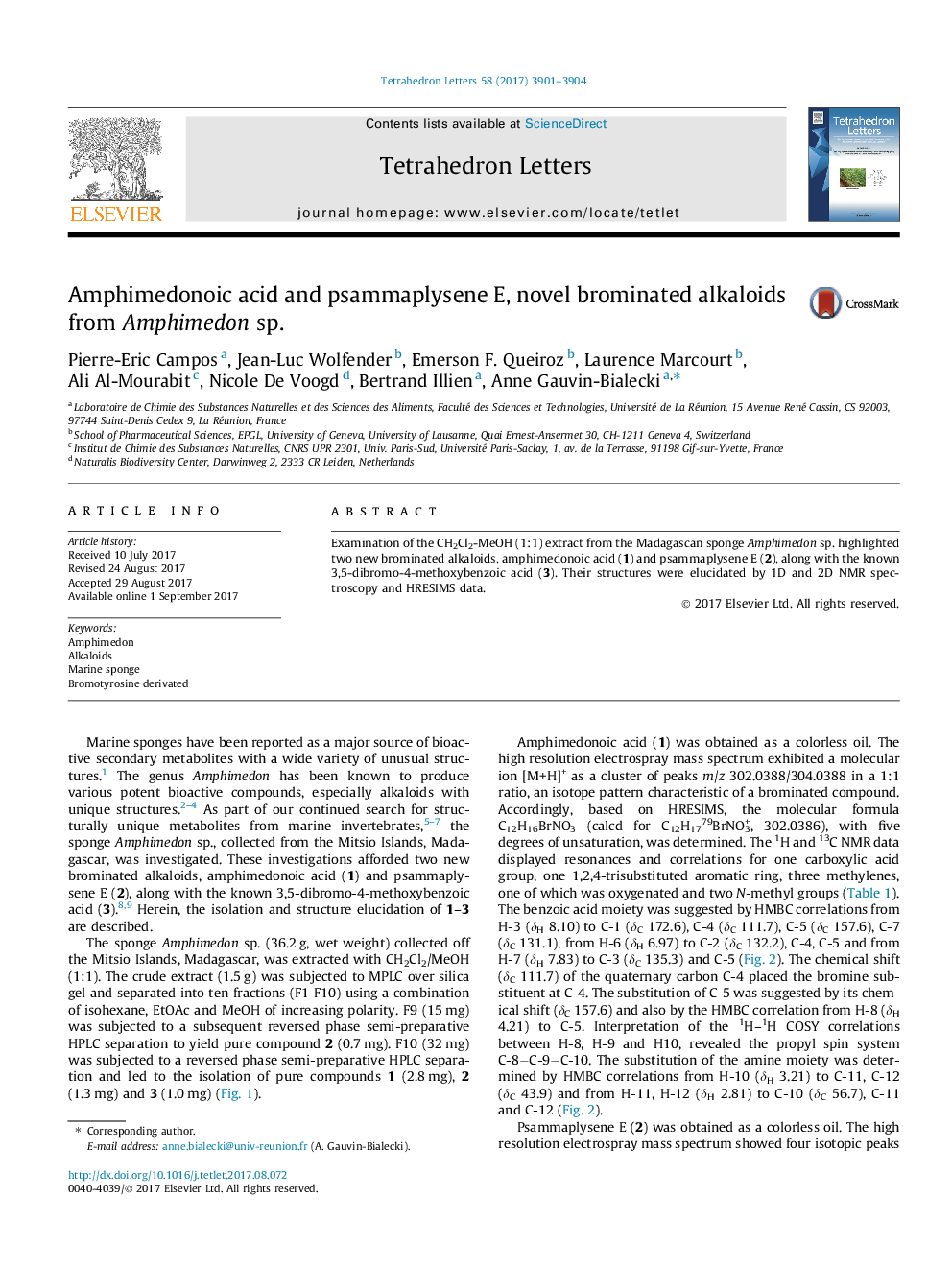 Amphimedonoic acid and psammaplysene E, novel brominated alkaloids from Amphimedon sp.