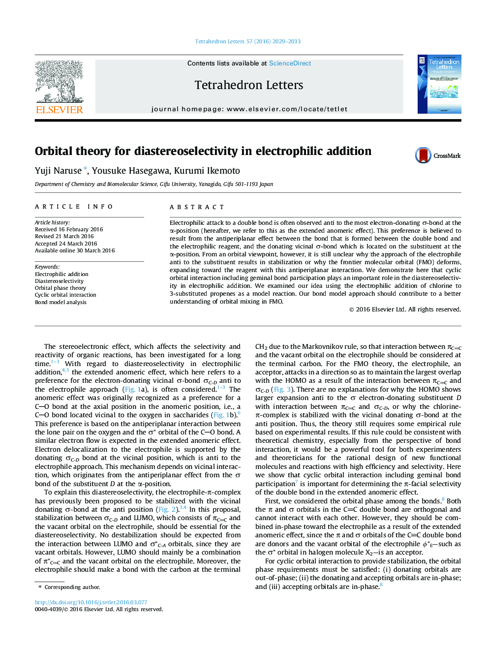 Orbital theory for diastereoselectivity in electrophilic addition