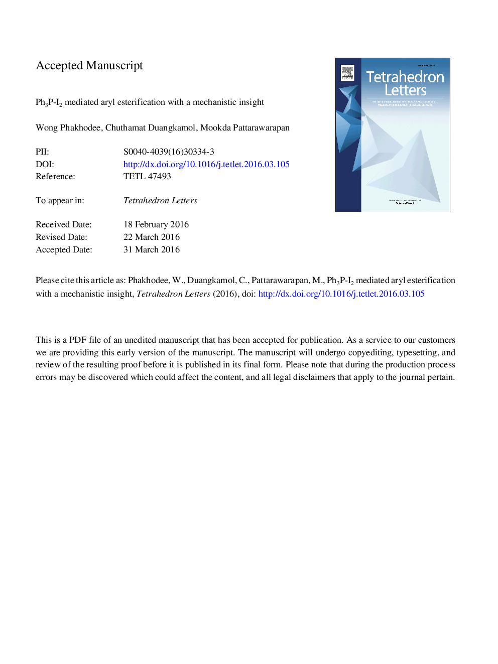 عکس صفحه اول مقاله: Ph3P-I2 mediated aryl esterification with a mechanistic insight Ph3P-I2 mediated aryl esterification with a mechanistic insight