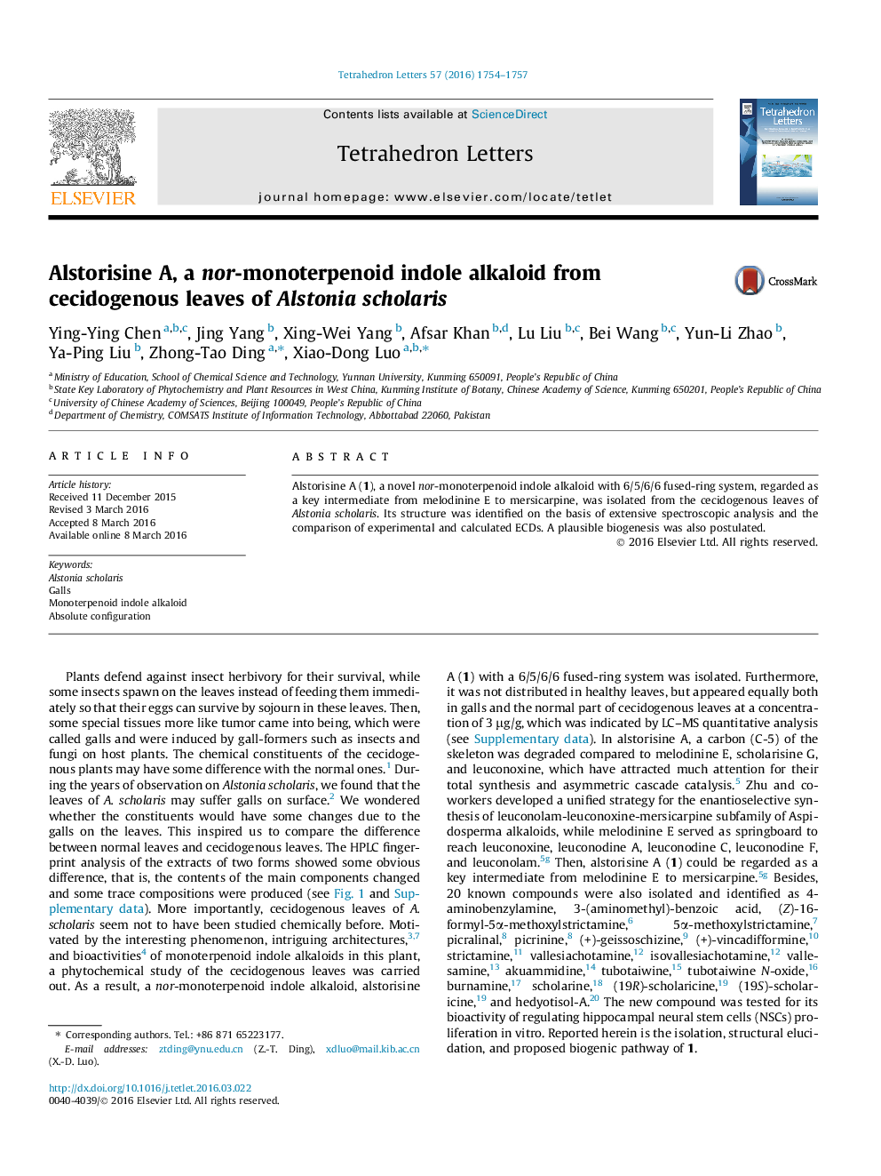 Alstorisine A, a nor-monoterpenoid indole alkaloid from cecidogenous leaves of Alstonia scholaris