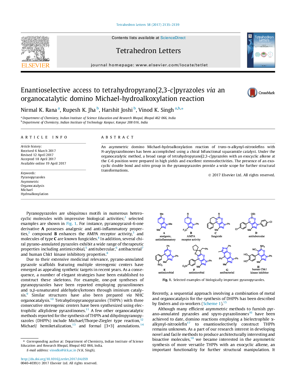 Enantioselective access to tetrahydropyrano[2,3-c]pyrazoles via an organocatalytic domino Michael-hydroalkoxylation reaction